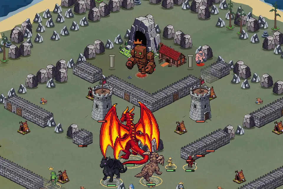 O chefe, um golem coroado, sai da caverna enquanto a tropa com dragões chega às torres.